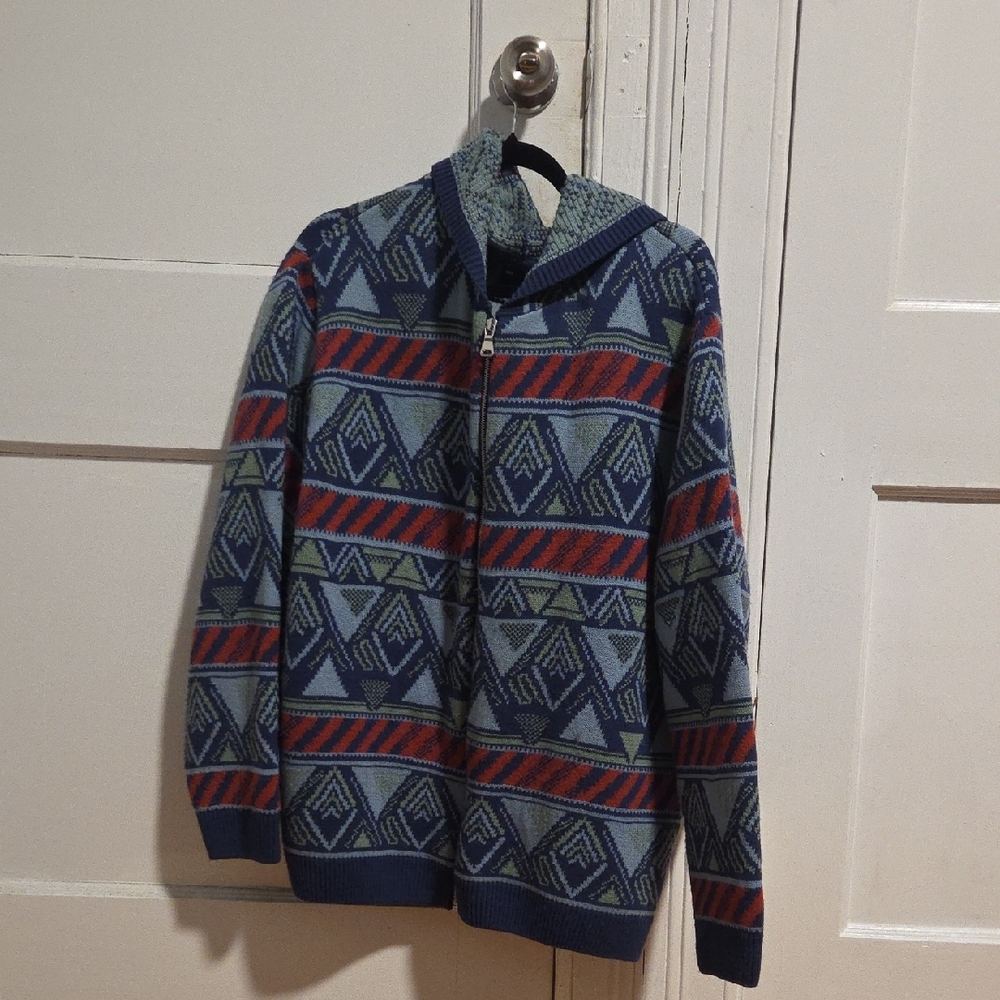 ASOS Blue and Red Geometric Zip-Up Sweater